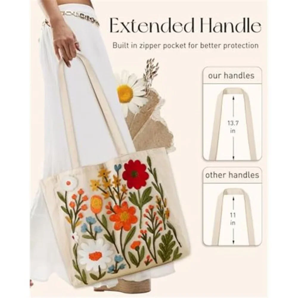 BEAUTIFUL Green Living Colorful Blooms FLORAL EMBROIDERED Linen Canvas TOTE BAG
